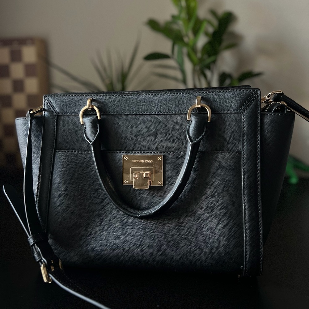 Michael Kors Tina Large Satchel Black Leather Crossbody Bag